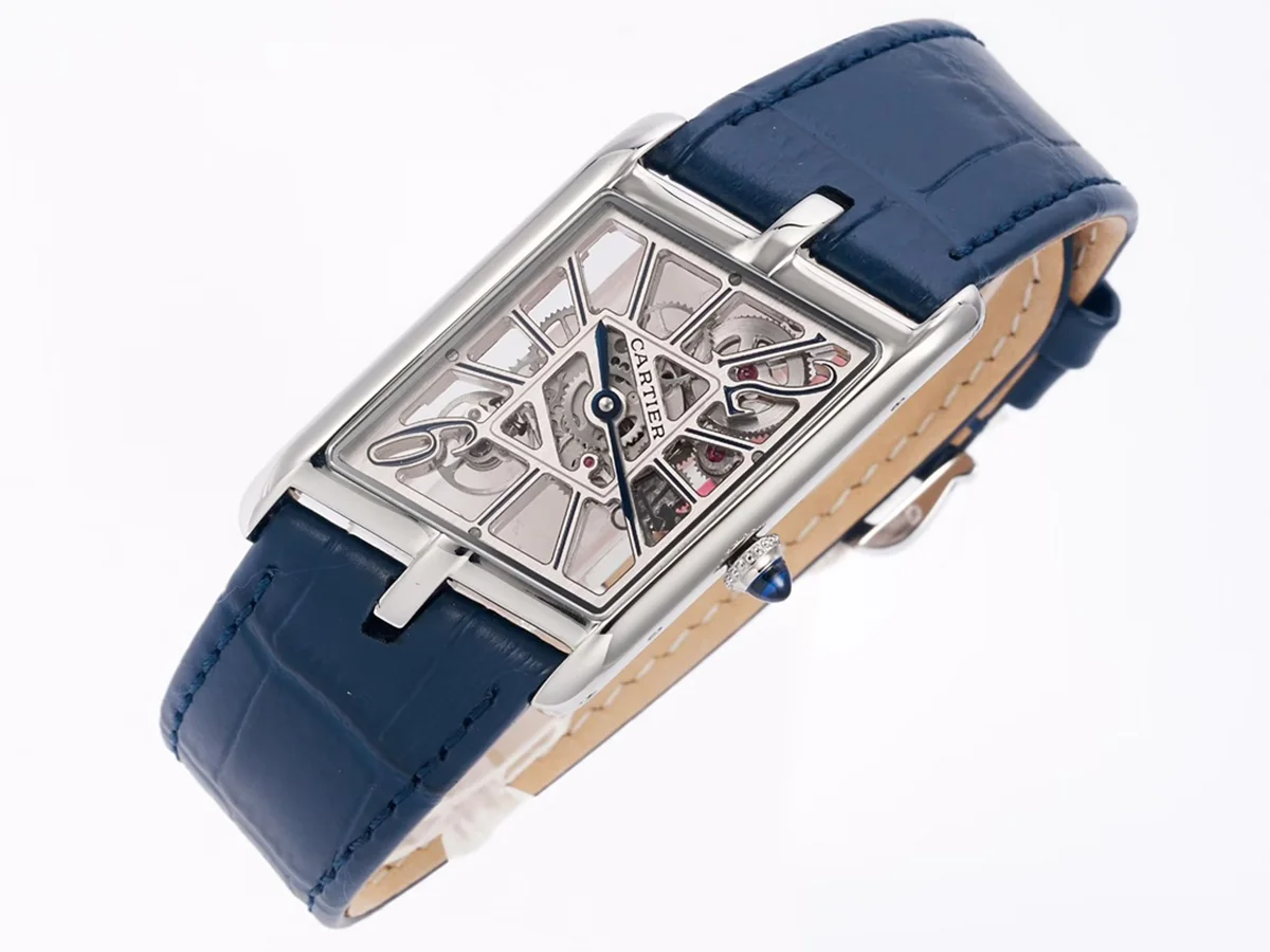 Tank Asymetrique Watch on Steel in Blue Leather Strap