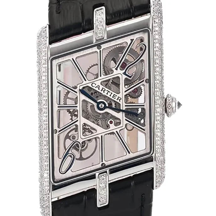 Tank Asymetrique Watch with Diamond Bezel on Steel in Black Leather Strap