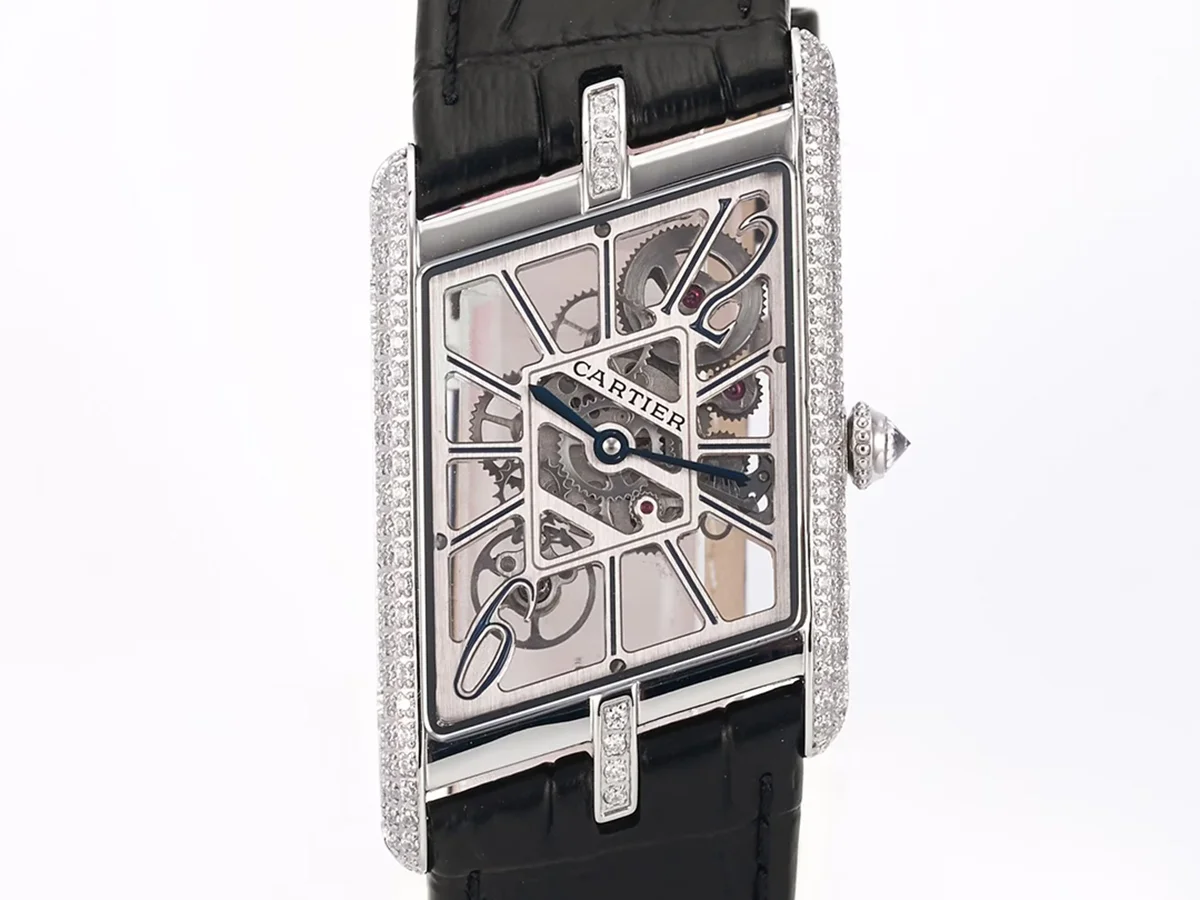 Tank Asymetrique Watch with Diamond Bezel on Steel in Black Leather Strap
