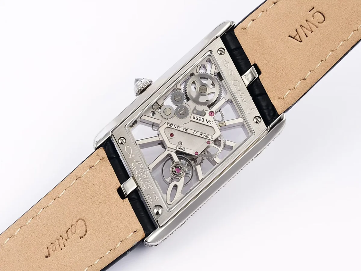 Tank Asymetrique Watch with Diamond Bezel on Steel in Black Leather Strap