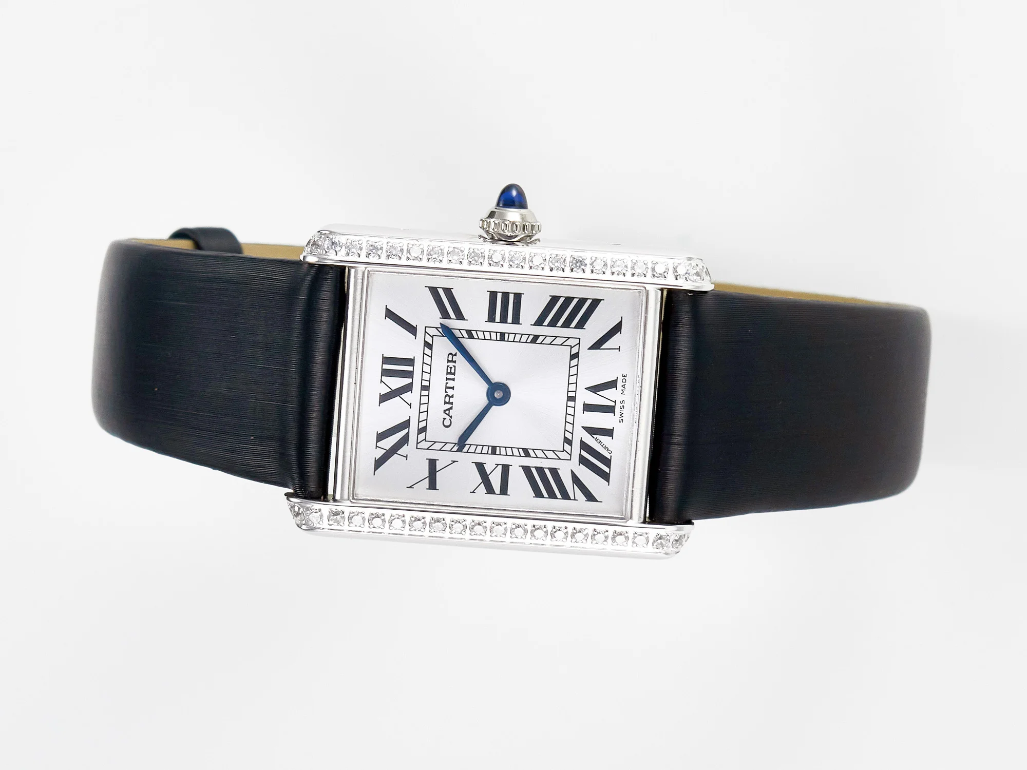 Tank Must Large SS 33.7mm DRF 1:1 Best Edition White Dial Diamonds Bezel on Black Calfskin Strap Swiss Quartz