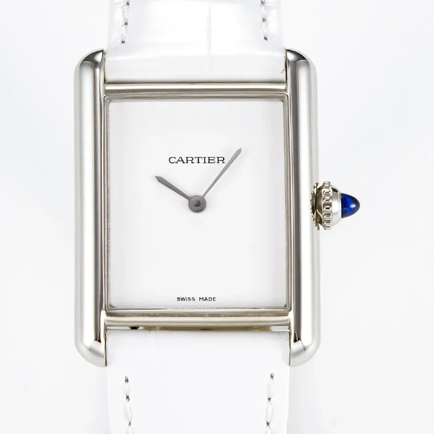 Tank Must Large SS 33.7mm DRF 1:1 Best Edition White Dial on White Leather Strap Swiss Quartz