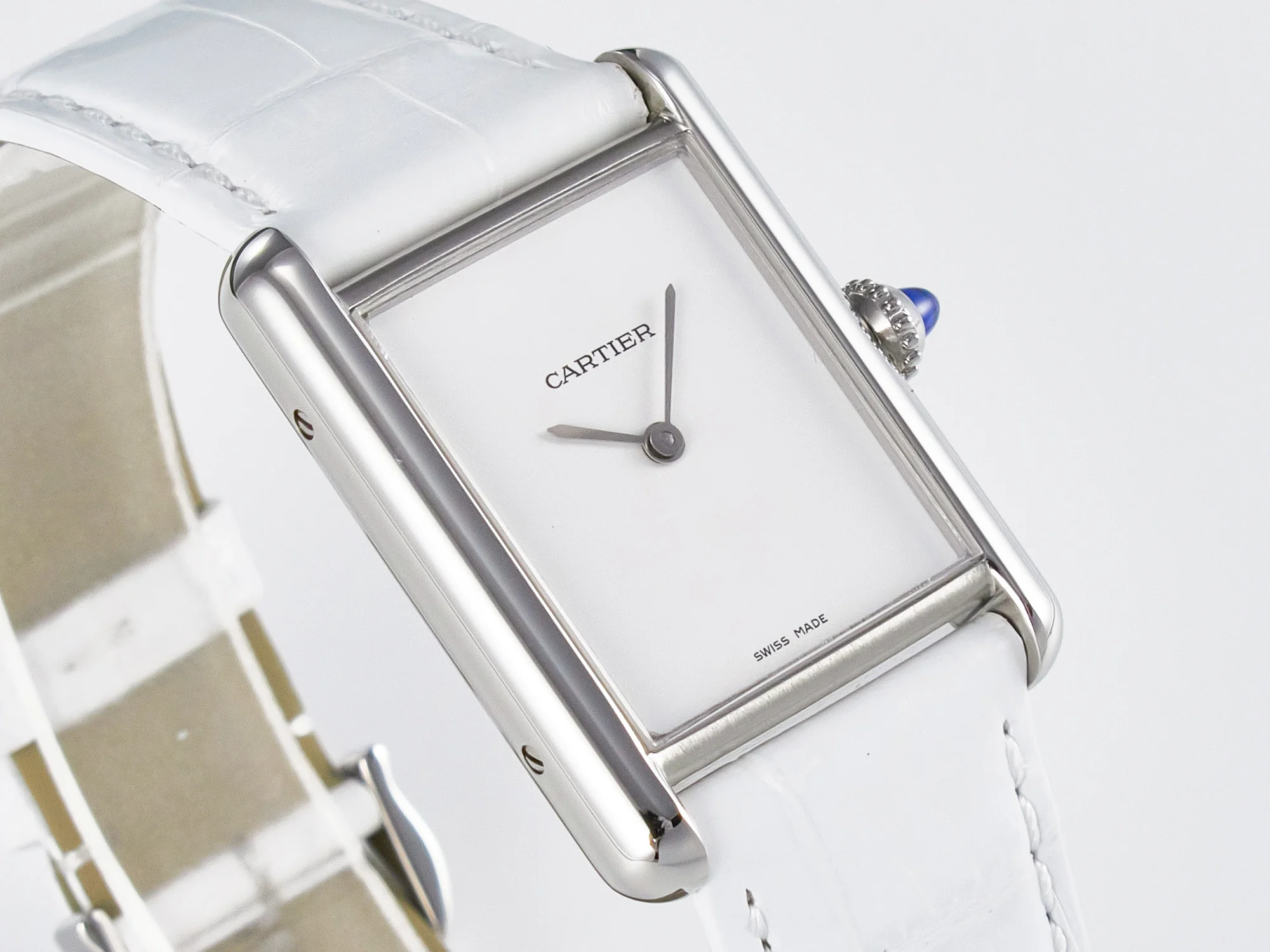Tank Must Large SS 33.7mm DRF 1:1 Best Edition White Dial on White Leather Strap Swiss Quartz