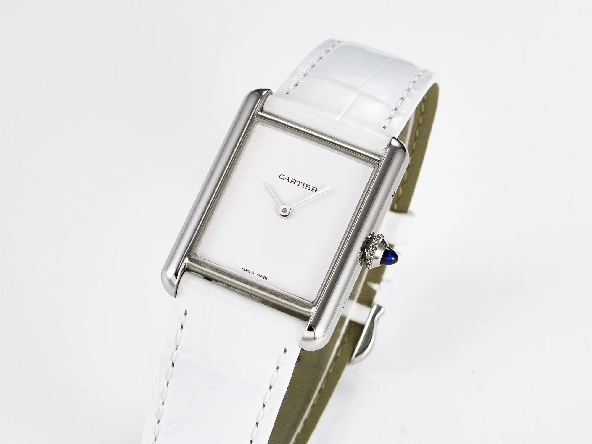 Tank Must Large SS 33.7mm DRF 1:1 Best Edition White Dial on White Leather Strap Swiss Quartz