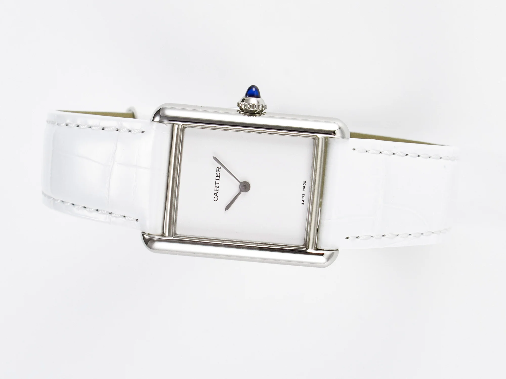 Tank Must Large SS 33.7mm DRF 1:1 Best Edition White Dial on White Leather Strap Swiss Quartz
