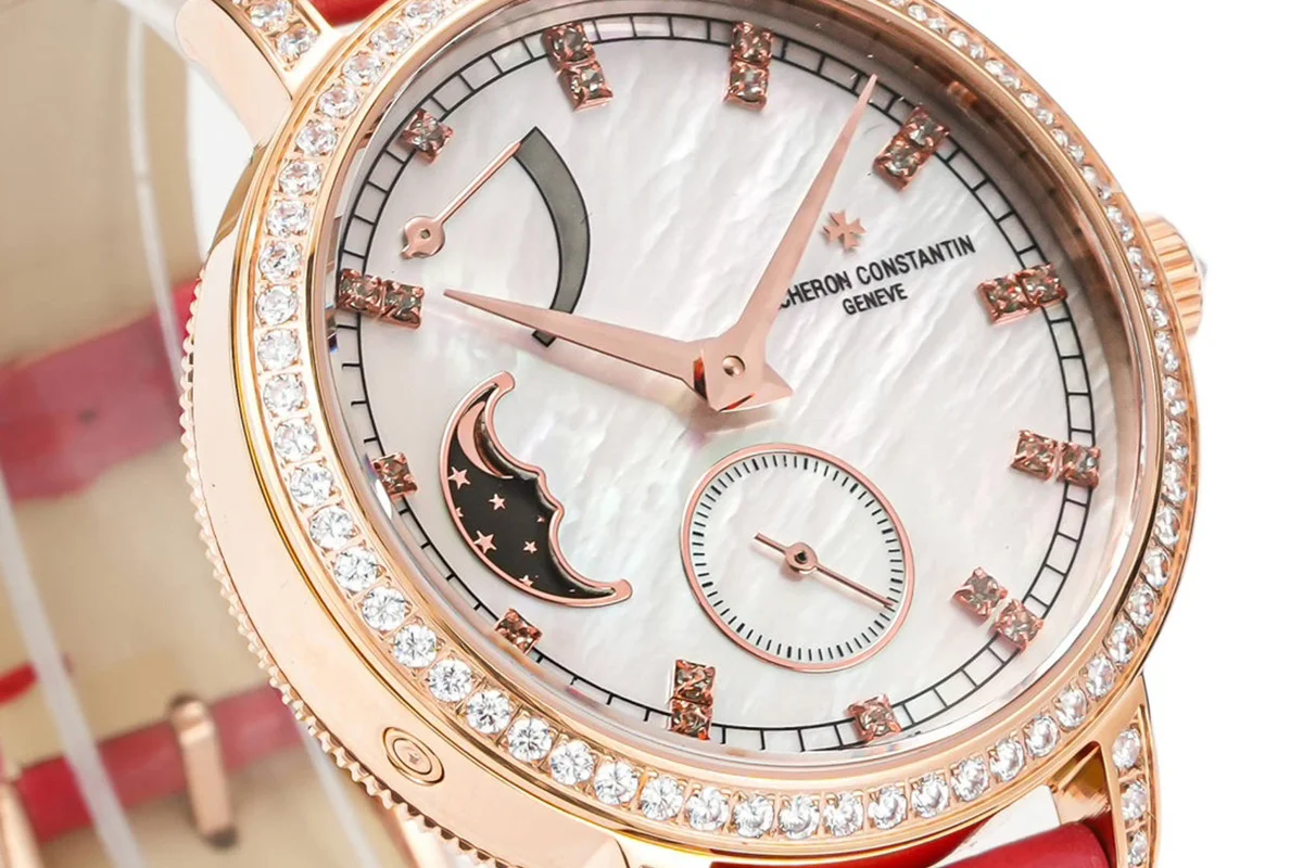 Traditionelle Moon Phase MOP Dial with Diamond Bezel in Pink Gold on Red Leather Strap