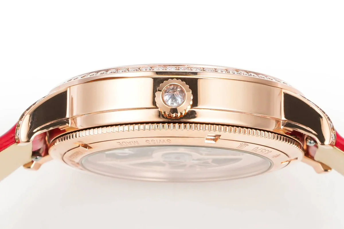 Traditionelle Moon Phase MOP Dial with Diamond Bezel in Pink Gold on Red Leather Strap