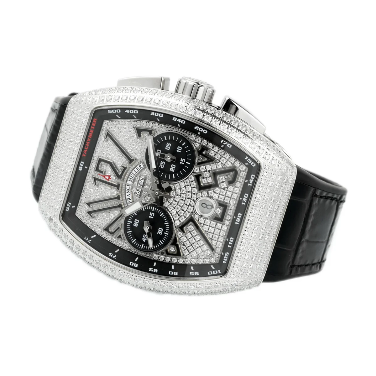Vanguard V45 Chronograph Diamond/Black Dial with Diamond Marker and Diamond Bezel in Steel on Leather Strap
