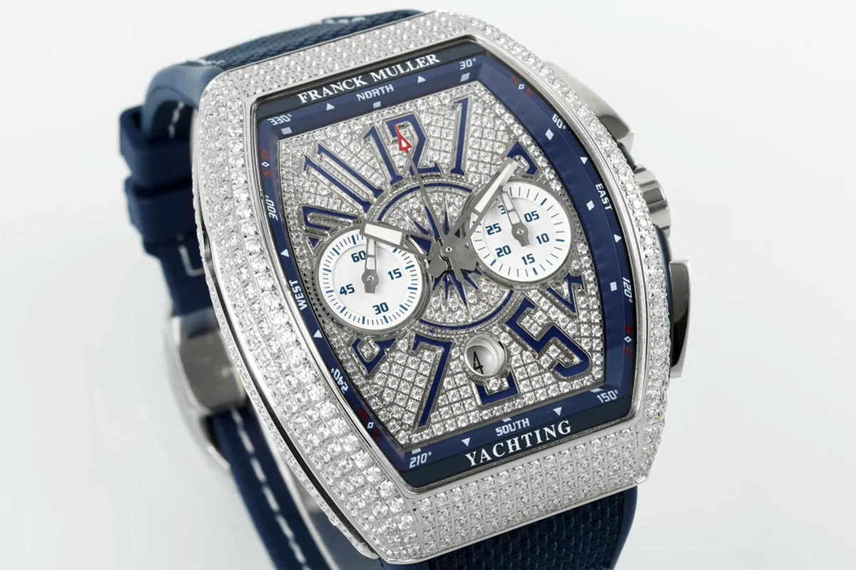 Vanguard V45 Chronograph Diamond/White Dial with Blue Marker and Diamond Bezel in Steel on Leather Strap